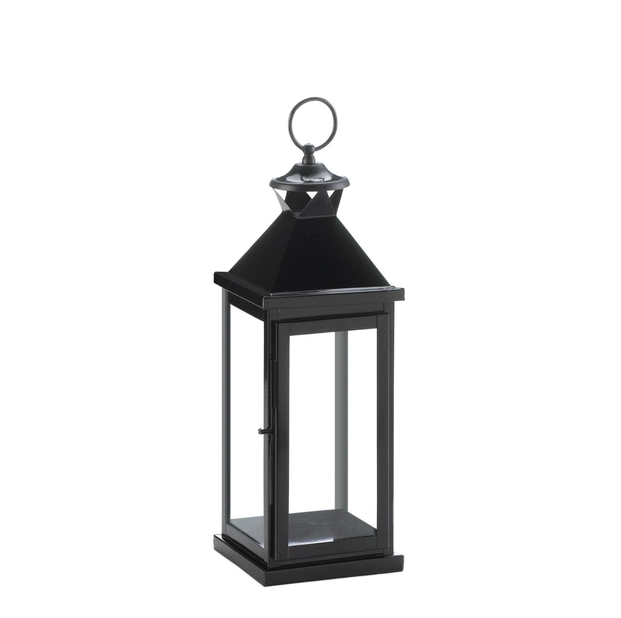 17.5" Glossy Black Iron & Glass Lantern